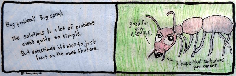 "Bug Problem." 8/11/13. Colored pencil and ink on newsprint paper. 3¼x9¾”.