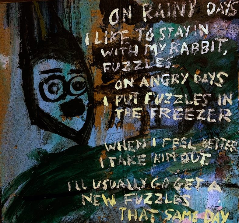 “Fuzzles.” 2/16/13. Acrylics on cardboard. 9¾x10½”.
