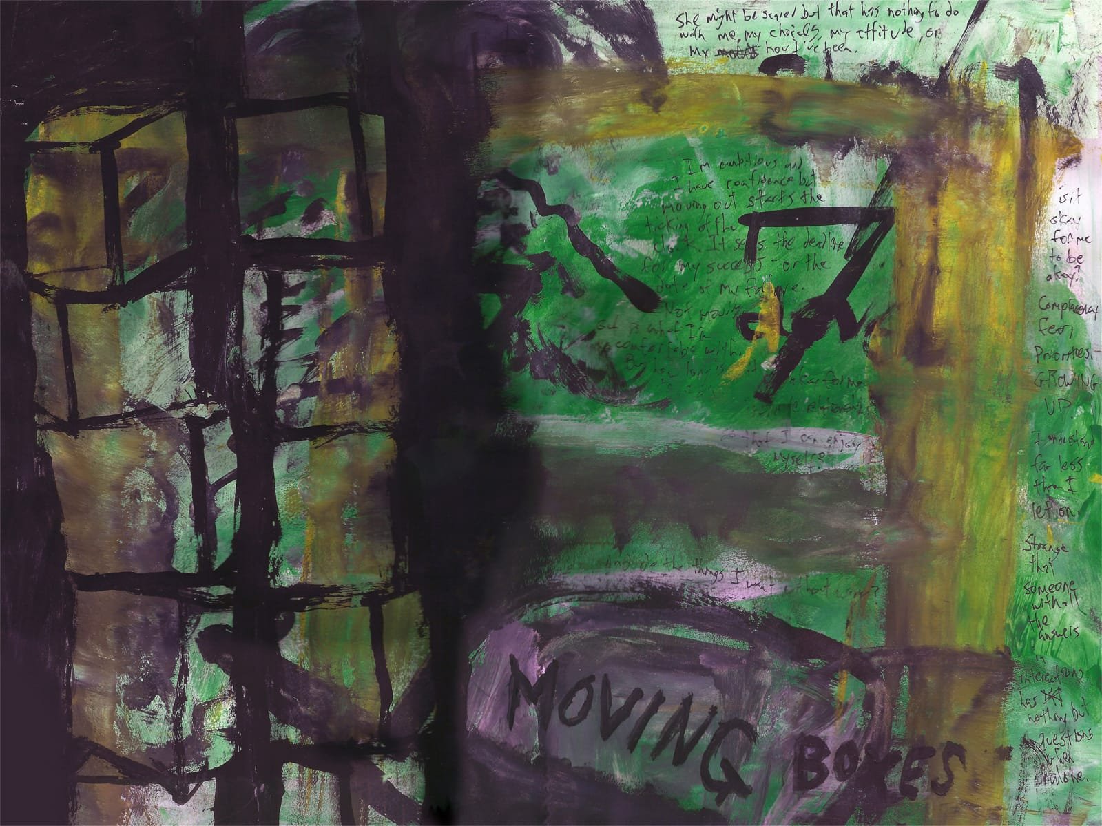 "Moving Boxes (and Little Else)." 5/24/13. Tempera and pen on paper. 12x16".