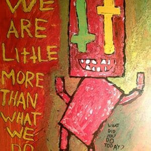 "Note to Self or: A Pile of Red Boxes Dances Along to the Raging Spiritual and Moral Conflicts That Rattle His (Presumably) Cardboard Bones" 12x16-inch art print