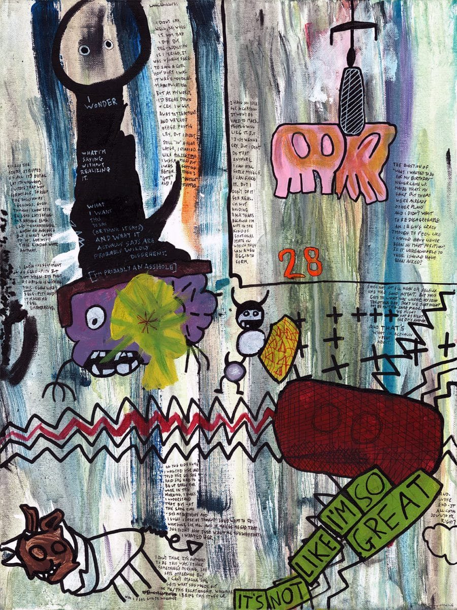 "28" 11/5/13. Acrylic pain, food coloring, ink. 18x24" stretched canvas.