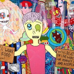 "Motivation (Will Work for Food (maybe) / Will Beat Off on Live Webfeed for Perfect Love and Acceptance)" 18x12-inch art print