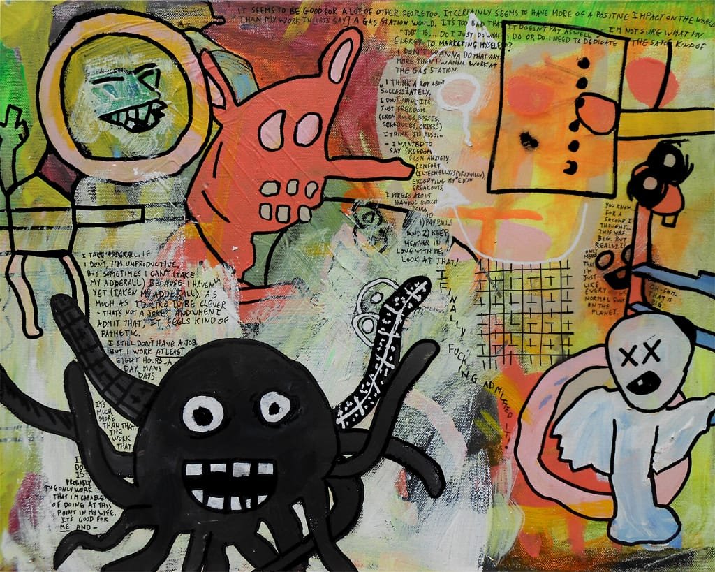 "Normal Fuck b/w Who Do You Work For?" 10/21/13. Acrylic painting. 16x20" stretched canvas.