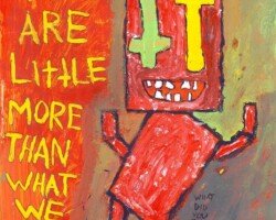 Note to Self (or: A Pile of Red Boxes Dances Along to the Raging Moral and Spiritual Conflicts That Rattle His (Presumably) Cardboard Bones)