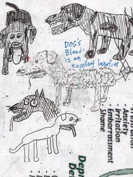 "Dog's Blood is an Excellent Laxative." 3¾x5". Pen. 1/25/13.