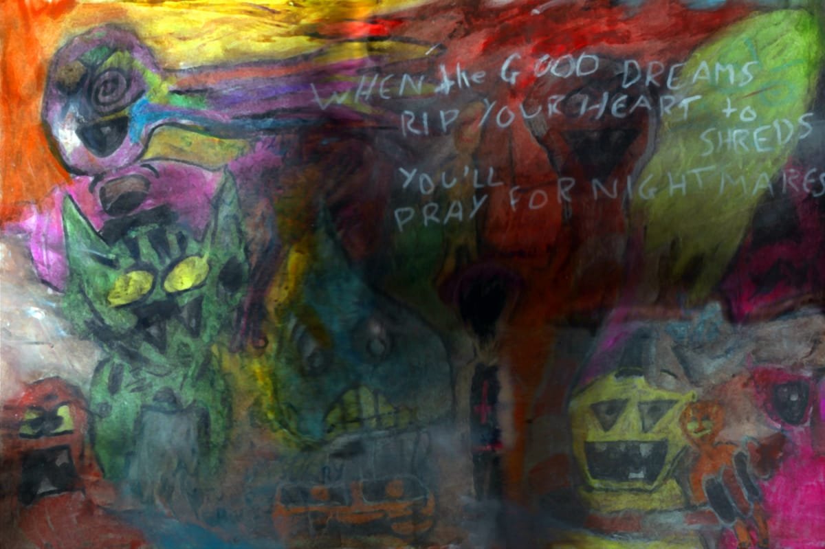 "Of Monsters and Giving a Shit." 12/13/12. Oil pastels. 12x18".