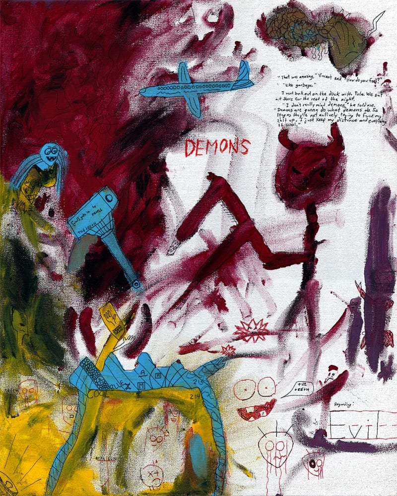 "Tola's Approach to Demons." 7/21/13. Acrylic paint and ink. 16x20".